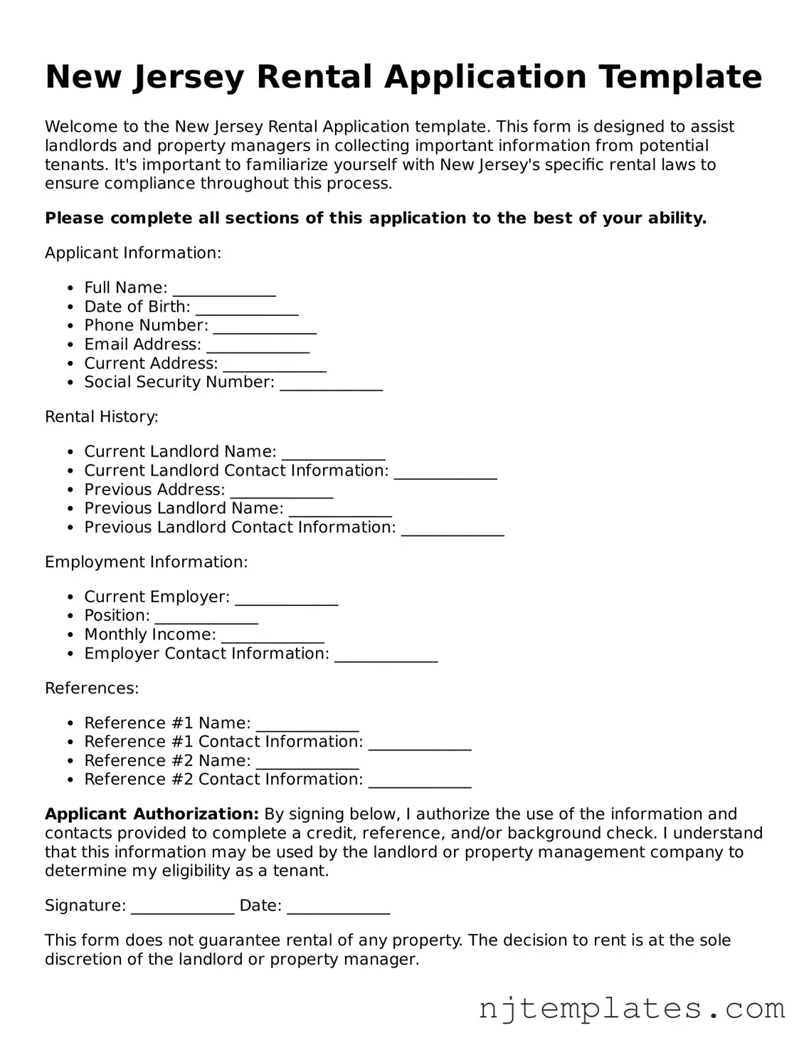 Fillable Rental Application Document for New Jersey State