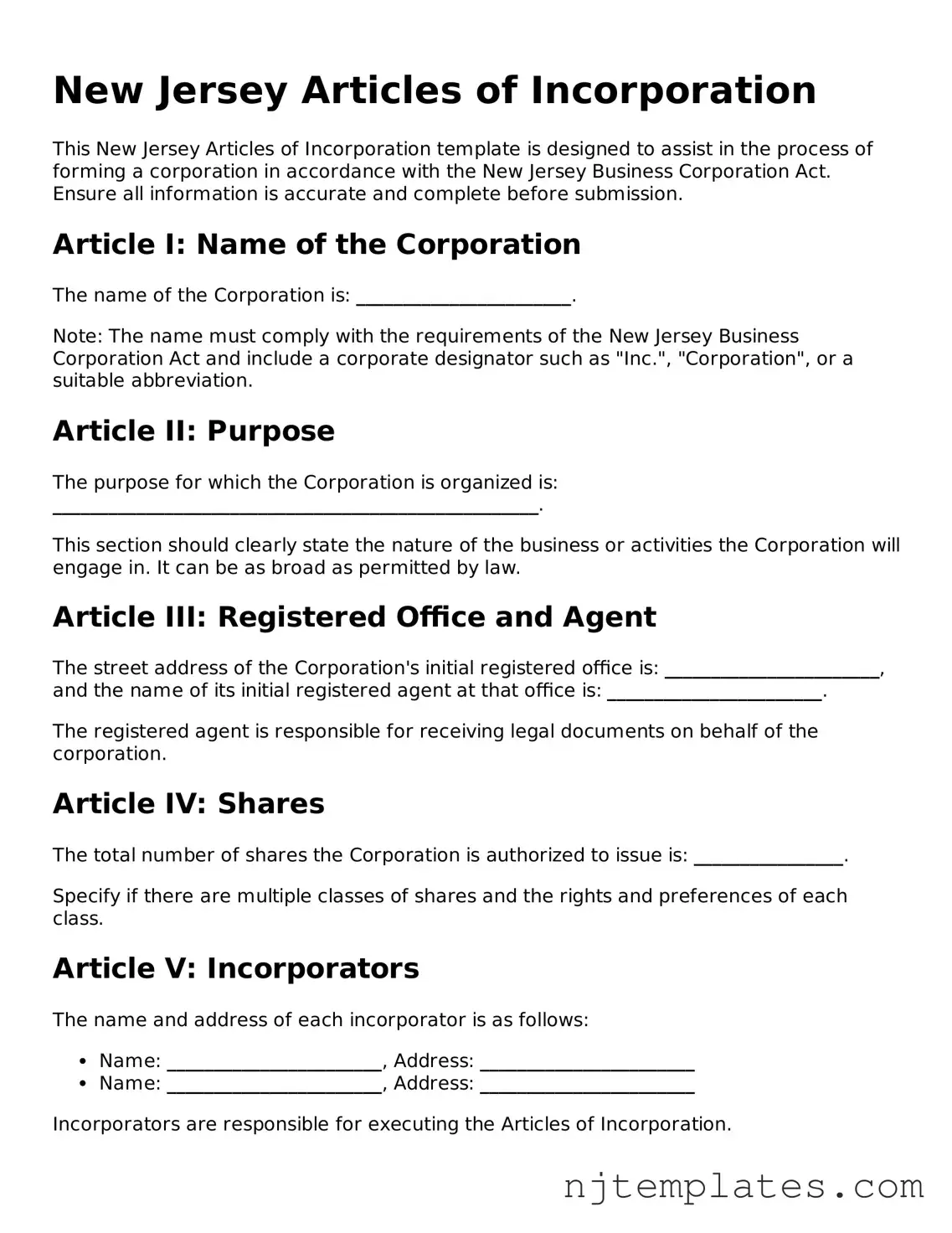 Fillable Articles of Incorporation Document for New Jersey State