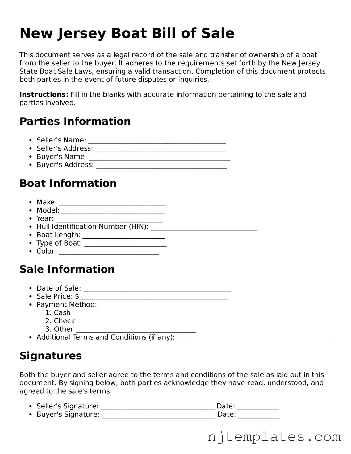 Fillable Boat Bill of Sale Document for New Jersey State