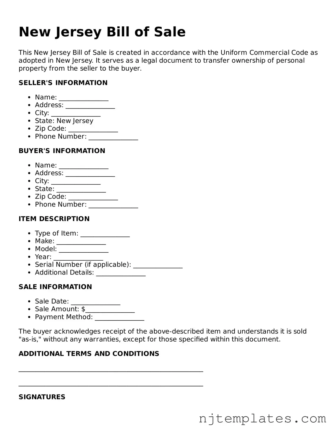 Fillable Bill of Sale Document for New Jersey State