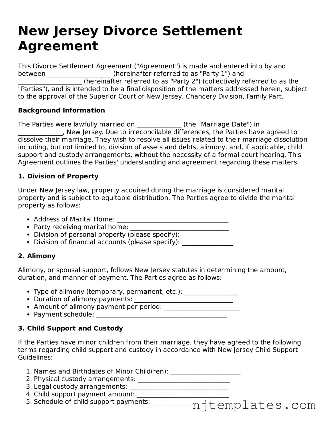 Fillable Divorce Settlement Agreement Document for New Jersey State