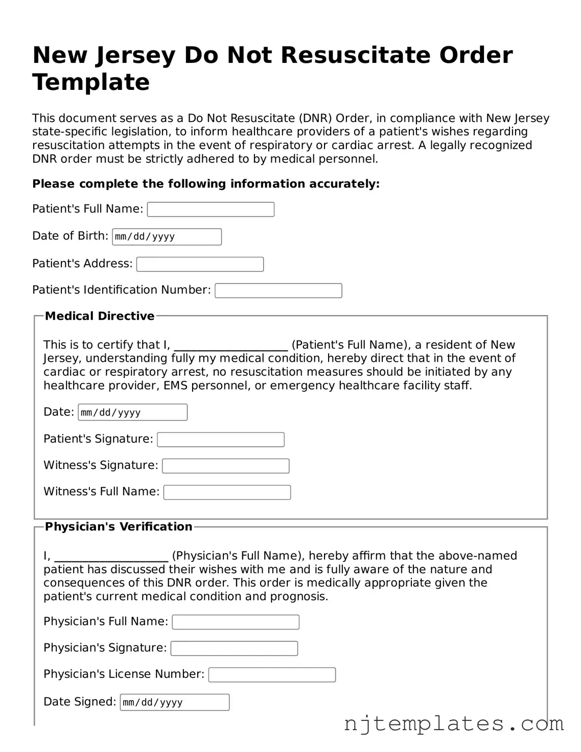 Fillable Do Not Resuscitate Order Document for New Jersey State