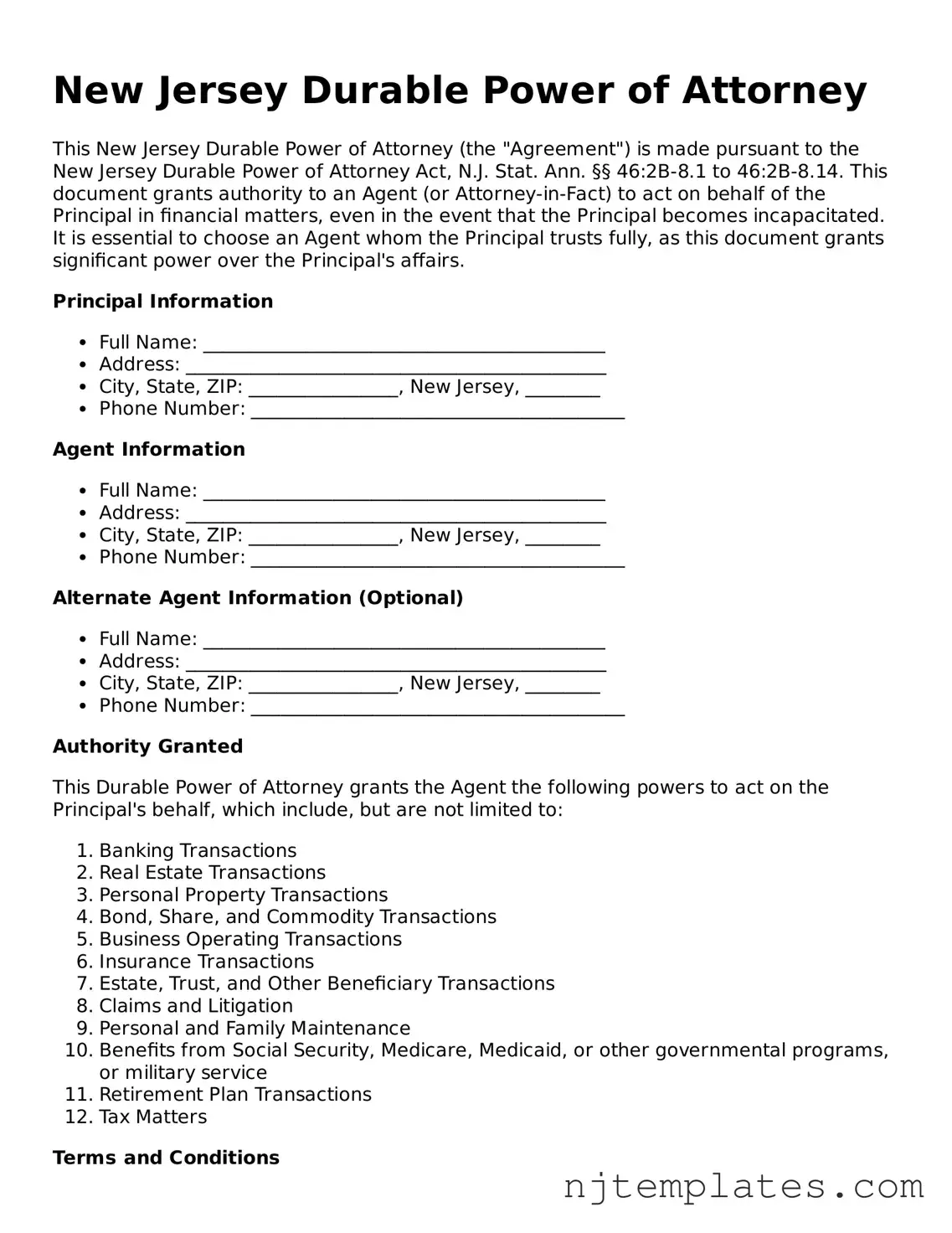Fillable Durable Power of Attorney Document for New Jersey State