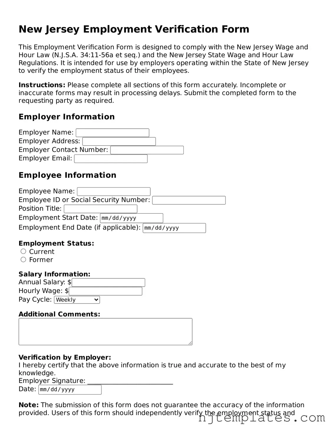 Fillable Employment Verification Document for New Jersey State