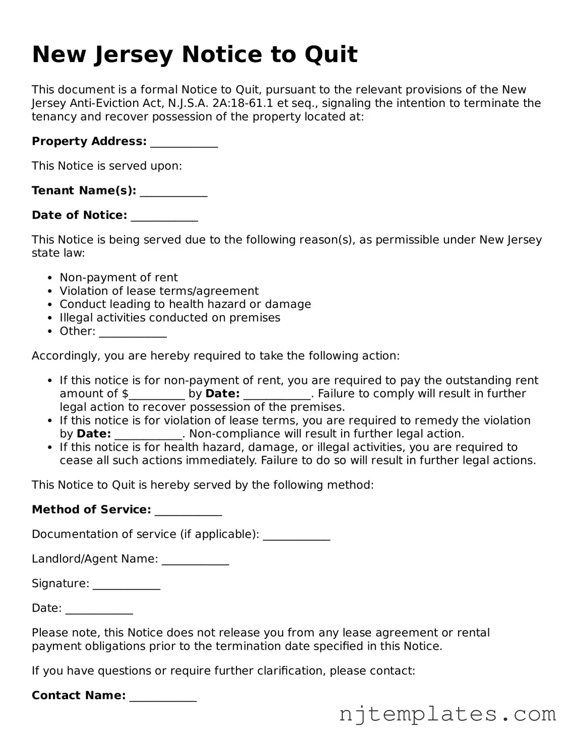 Fillable Notice to Quit Document for New Jersey State