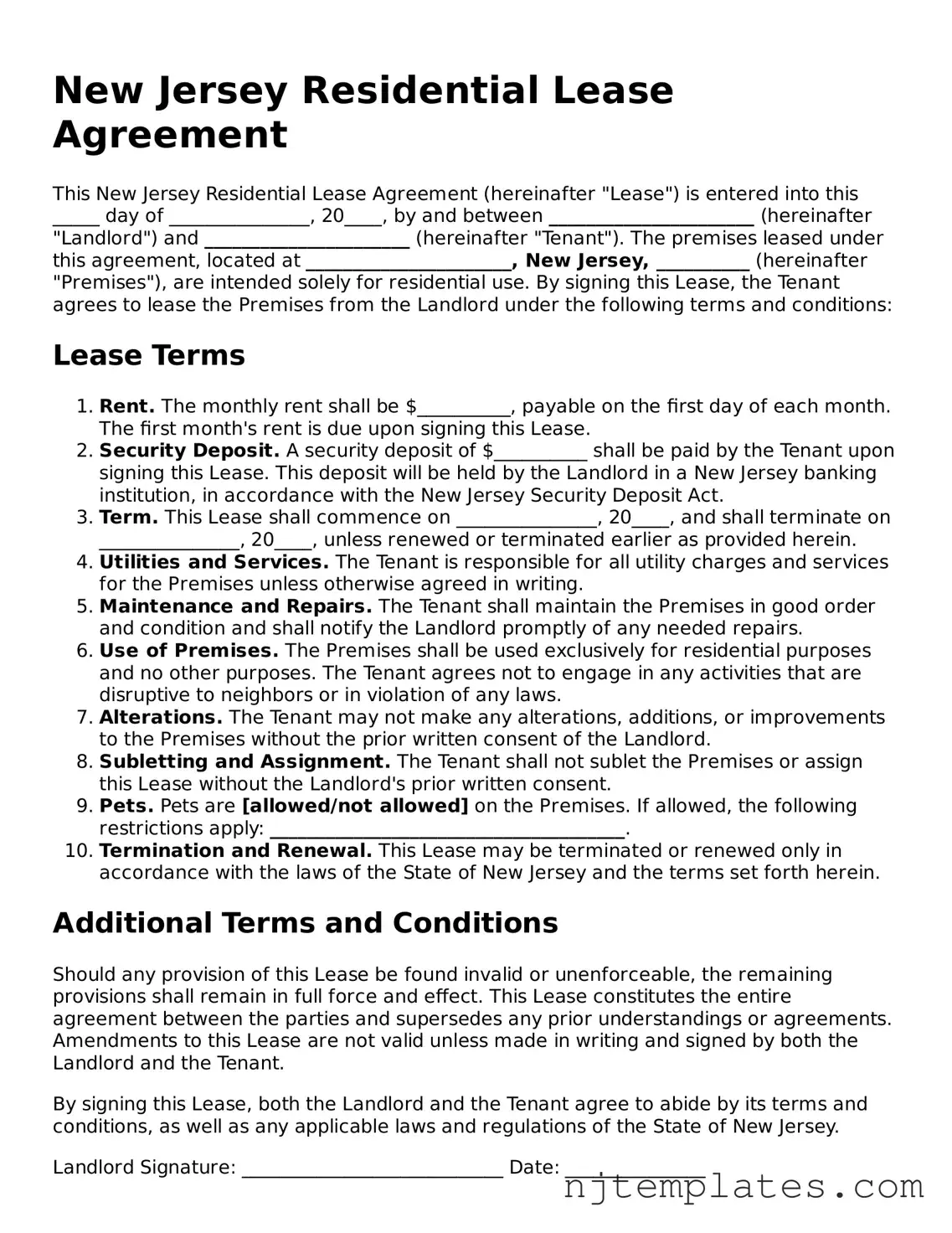 Fillable Residential Lease Agreement Document for New Jersey State