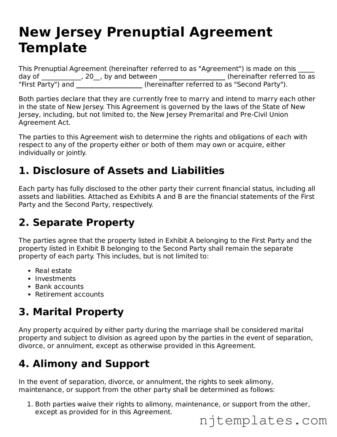 Fillable Prenuptial Agreement Document for New Jersey State