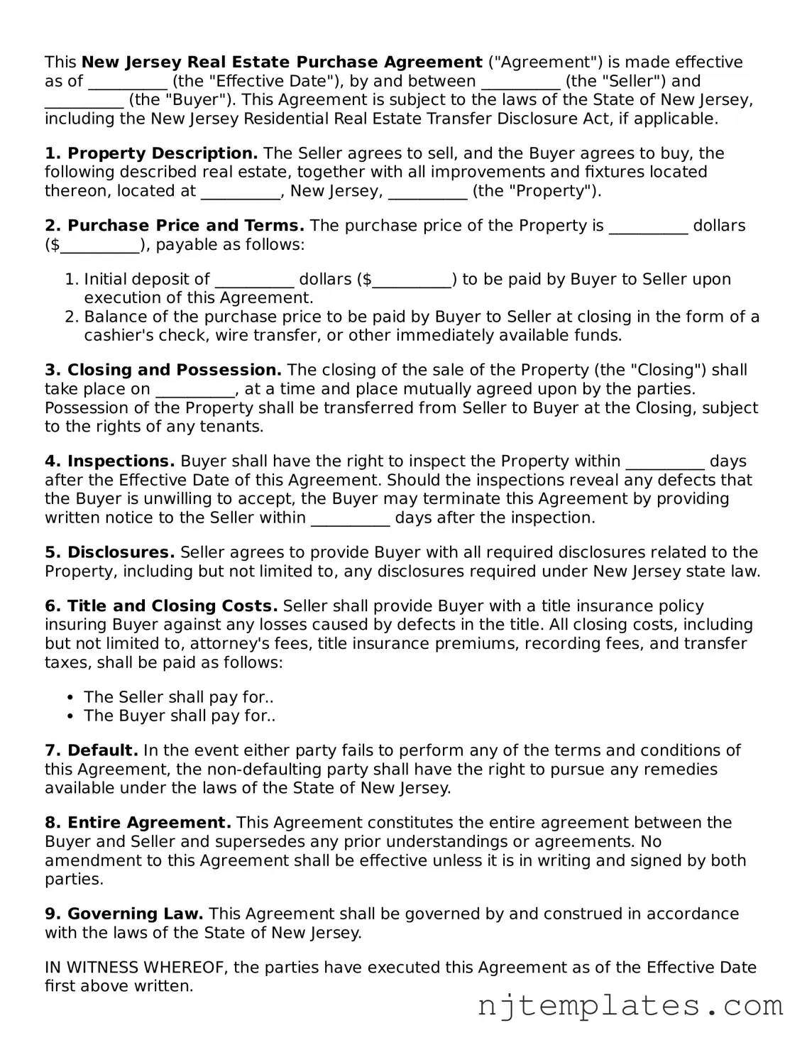 Fillable Real Estate Purchase Agreement Document for New Jersey State