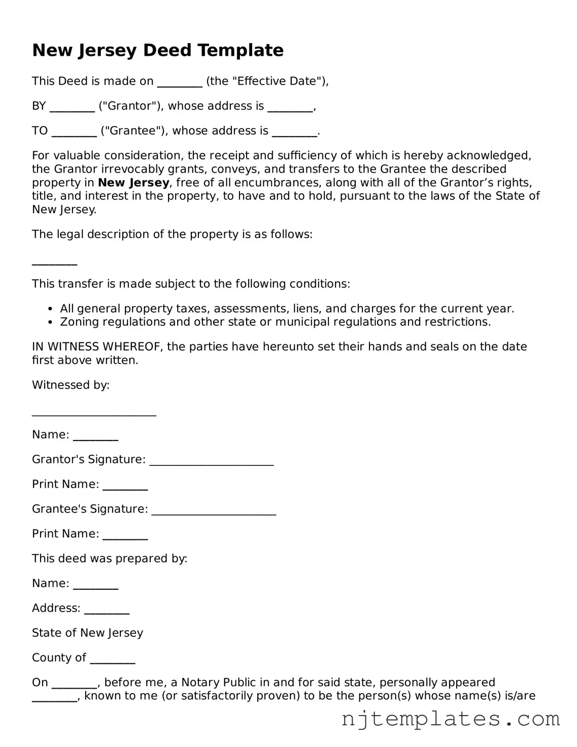 Fillable Deed Document for New Jersey State