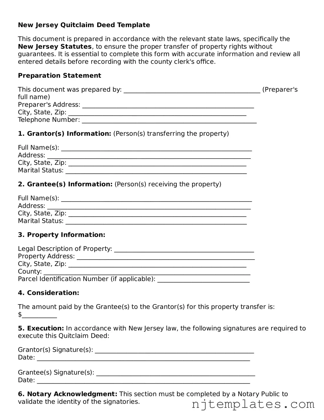 Fillable Quitclaim Deed Document for New Jersey State