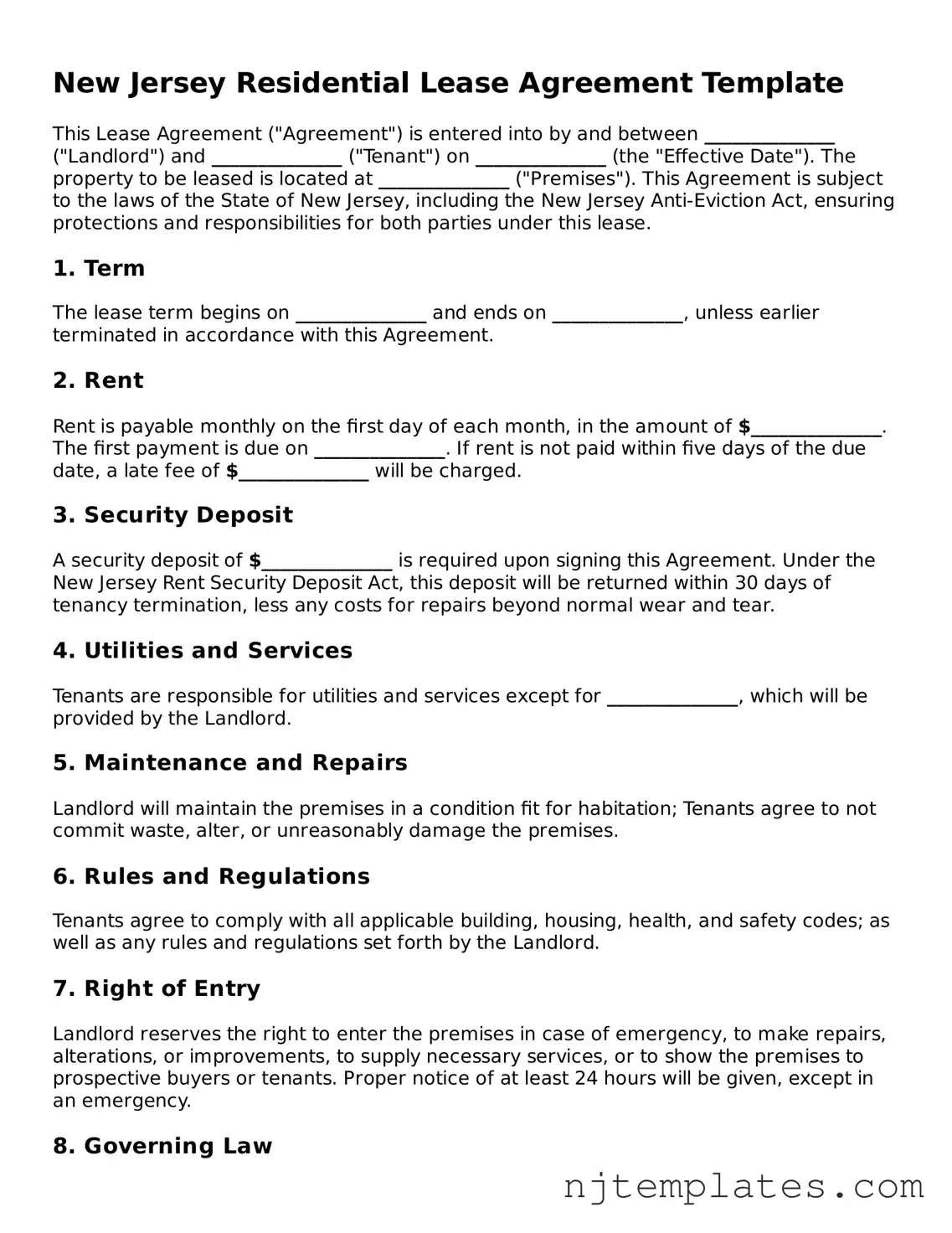 Fillable Lease Agreement Document for New Jersey State