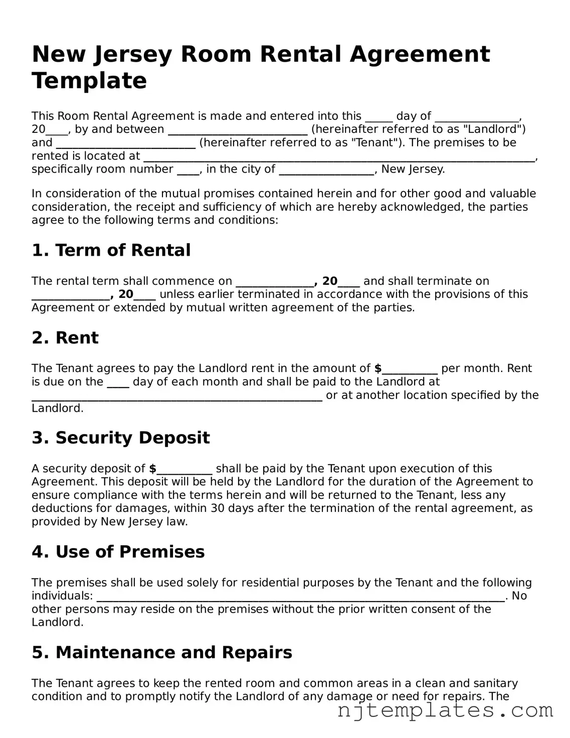 Fillable Room Rental Agreement Document for New Jersey State