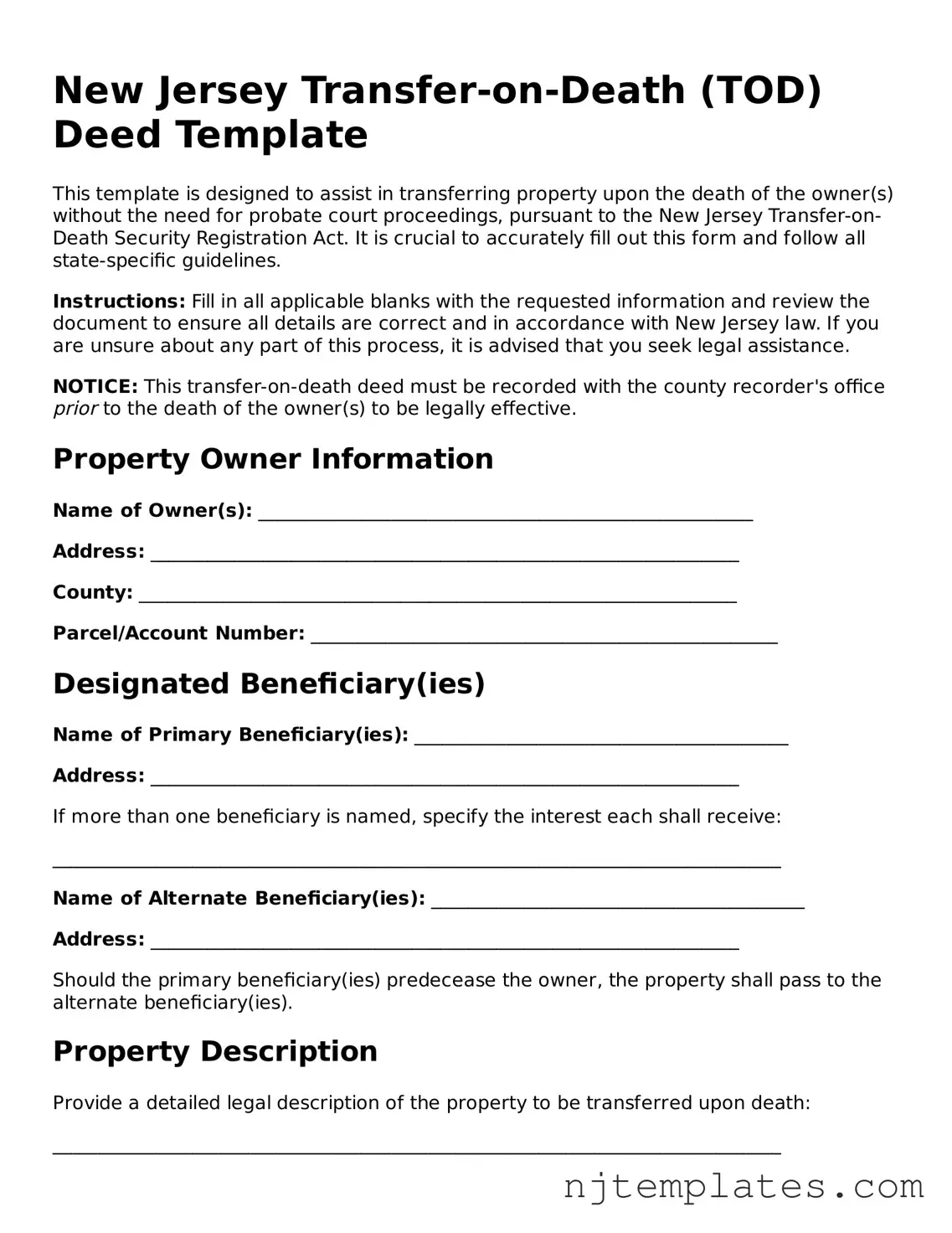 Fillable Transfer-on-Death Deed Document for New Jersey State