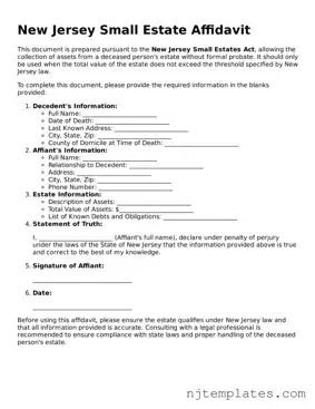 Fillable Small Estate Affidavit Document for New Jersey State