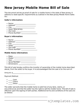 Fillable Mobile Home Bill of Sale Document for New Jersey State