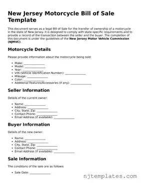 Fillable Motorcycle Bill of Sale Document for New Jersey State