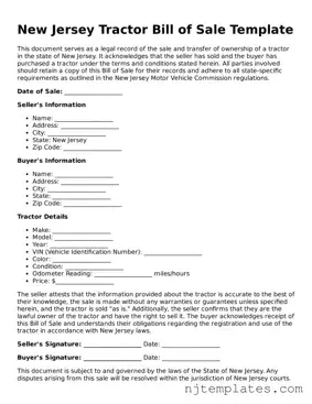 Fillable Tractor Bill of Sale Document for New Jersey State