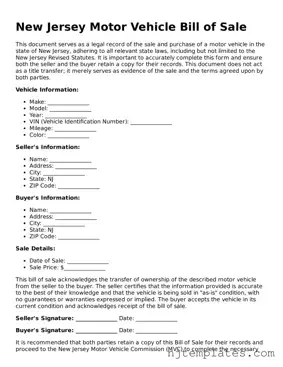 Fillable Motor Vehicle Bill of Sale Document for New Jersey State