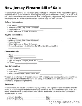 Fillable Firearm Bill of Sale Document for New Jersey State