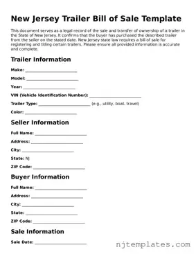 Fillable Trailer Bill of Sale Document for New Jersey State