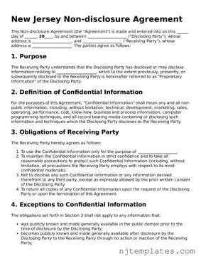Fillable Non-disclosure Agreement Document for New Jersey State
