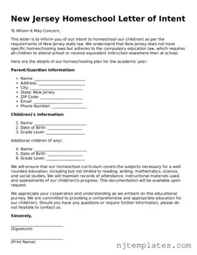 Fillable Homeschool Letter of Intent Document for New Jersey State