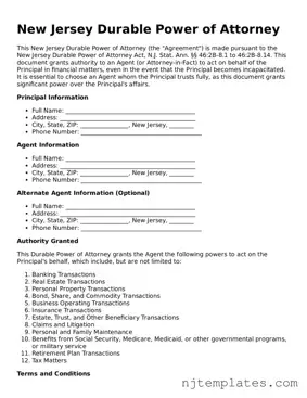Fillable Durable Power of Attorney Document for New Jersey State