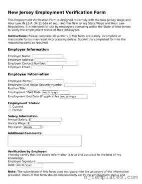 Fillable Employment Verification Document for New Jersey State