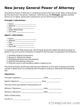 Fillable General Power of Attorney Document for New Jersey State