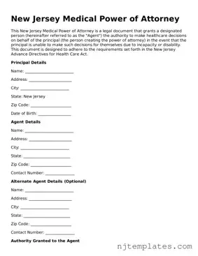 Fillable Medical Power of Attorney Document for New Jersey State