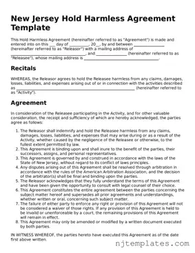 Fillable Hold Harmless Agreement Document for New Jersey State