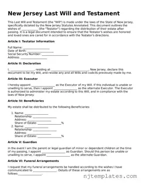 Fillable Last Will and Testament Document for New Jersey State