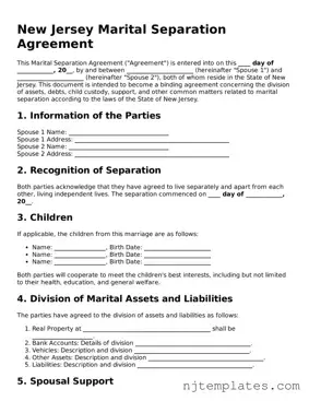 Fillable Marital Separation Agreement Document for New Jersey State