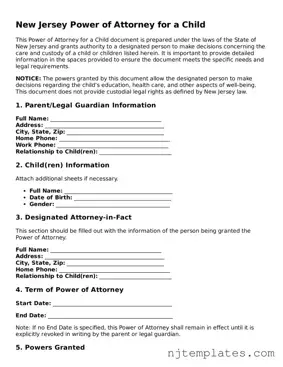 Fillable Power of Attorney for a Child Document for New Jersey State