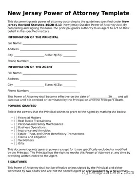 Fillable Power of Attorney Document for New Jersey State