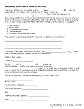 Fillable Motor Vehicle Power of Attorney Document for New Jersey State