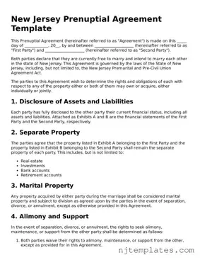 Fillable Prenuptial Agreement Document for New Jersey State