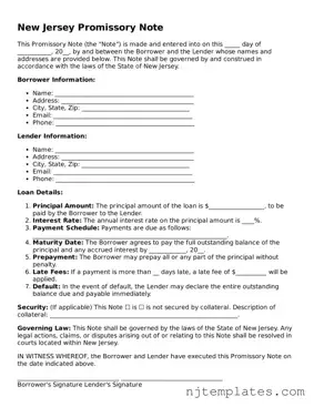 Fillable Promissory Note Document for New Jersey State