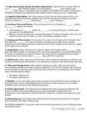 Fillable Real Estate Purchase Agreement Document for New Jersey State