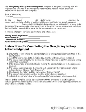Fillable Notary Acknowledgement Document for New Jersey State